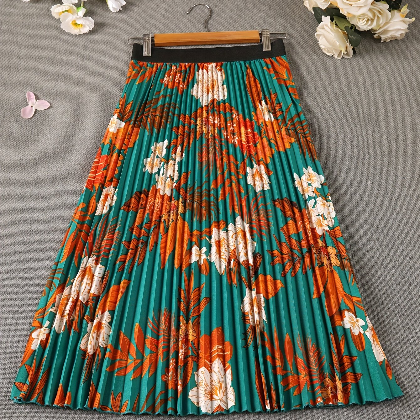 TEMU Elegancka Plisowana Spódnica w Kształcie Litery A - Różowy/Beżowy/Biały/Zielony Kwiatowy Wzór z Czarnym Dołem, Strukturalna Krótka do Midi