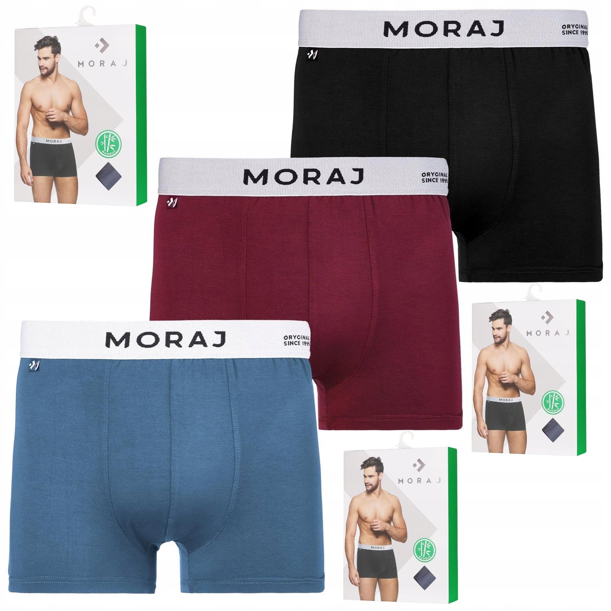 Bokserki Męskie Bambusowe Gładkie KLASYCZNE DOPASOWANE MORAJ ZESTAW 3PAK XL