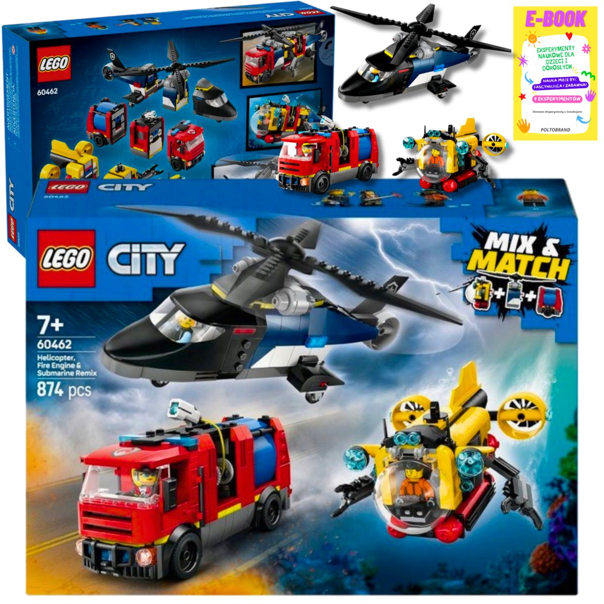 LEGO CITY ZESTAW Z HELIKOPTEREM, Wozem Strażackim i Łodzią Podwodną KLOCKI PREZENT 60462 + EBOOK