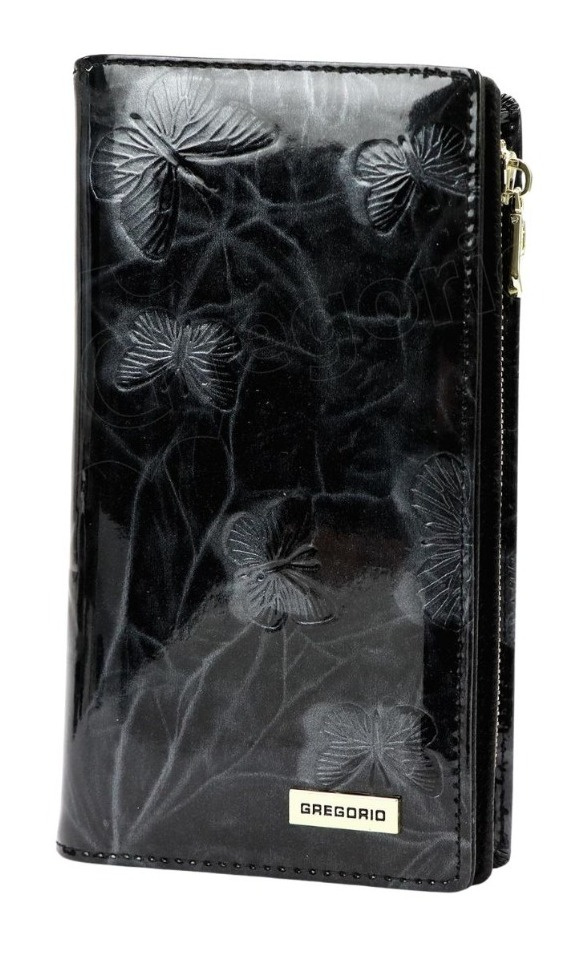 Portfel Damski Skórzany GREGORIO Lakierowany Długi Z Suwakiem Na Zewnątrz BTS-124 CZARNY 19,5 x 10 x 3,5 [cm]