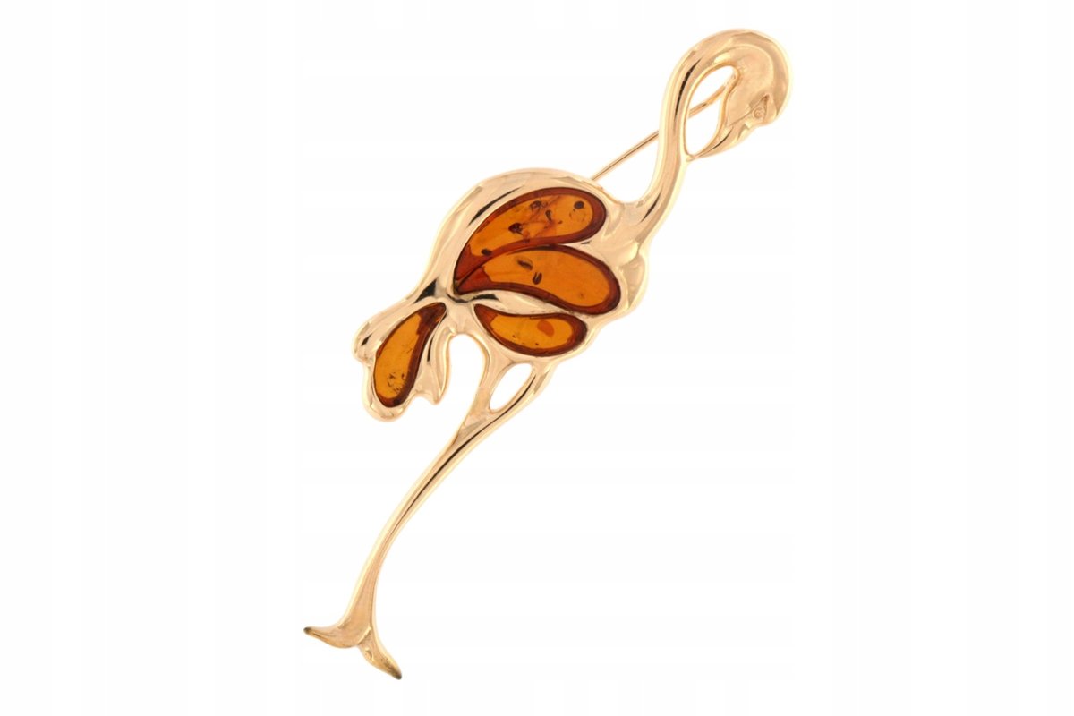 Duża broszka flaming srebrna 925 pozłacana z bursztynem koniakowym