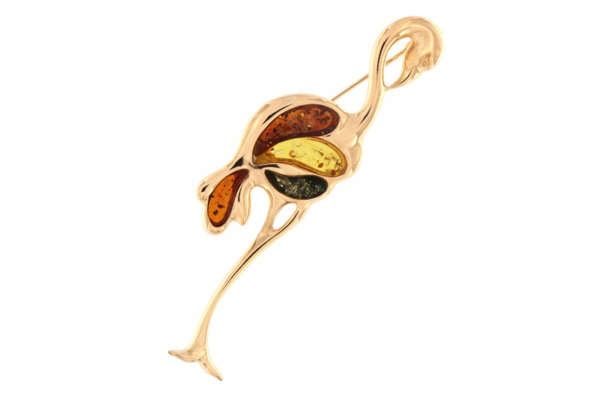 Duża broszka flaming srebrna 925 pozłacana z bursztynem Mix