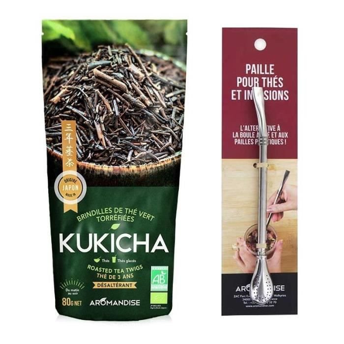 Kukicha organiczna japońska herbata w torebce 80 g + słomka ze stali nierdzewnej z filtrem