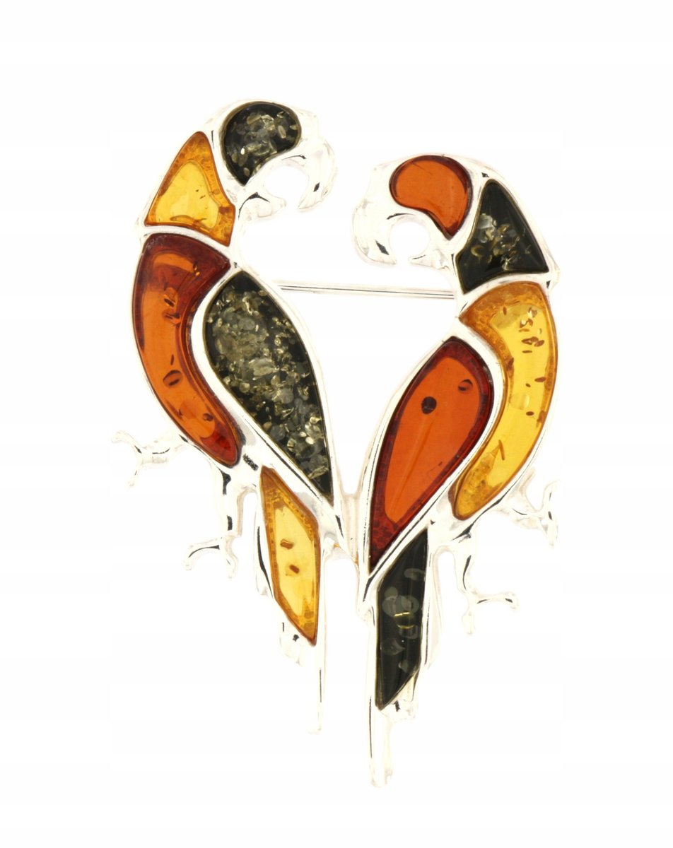 Srebrna broszka papugi z bursztynem mix - wyjątkowa biżuteria damska