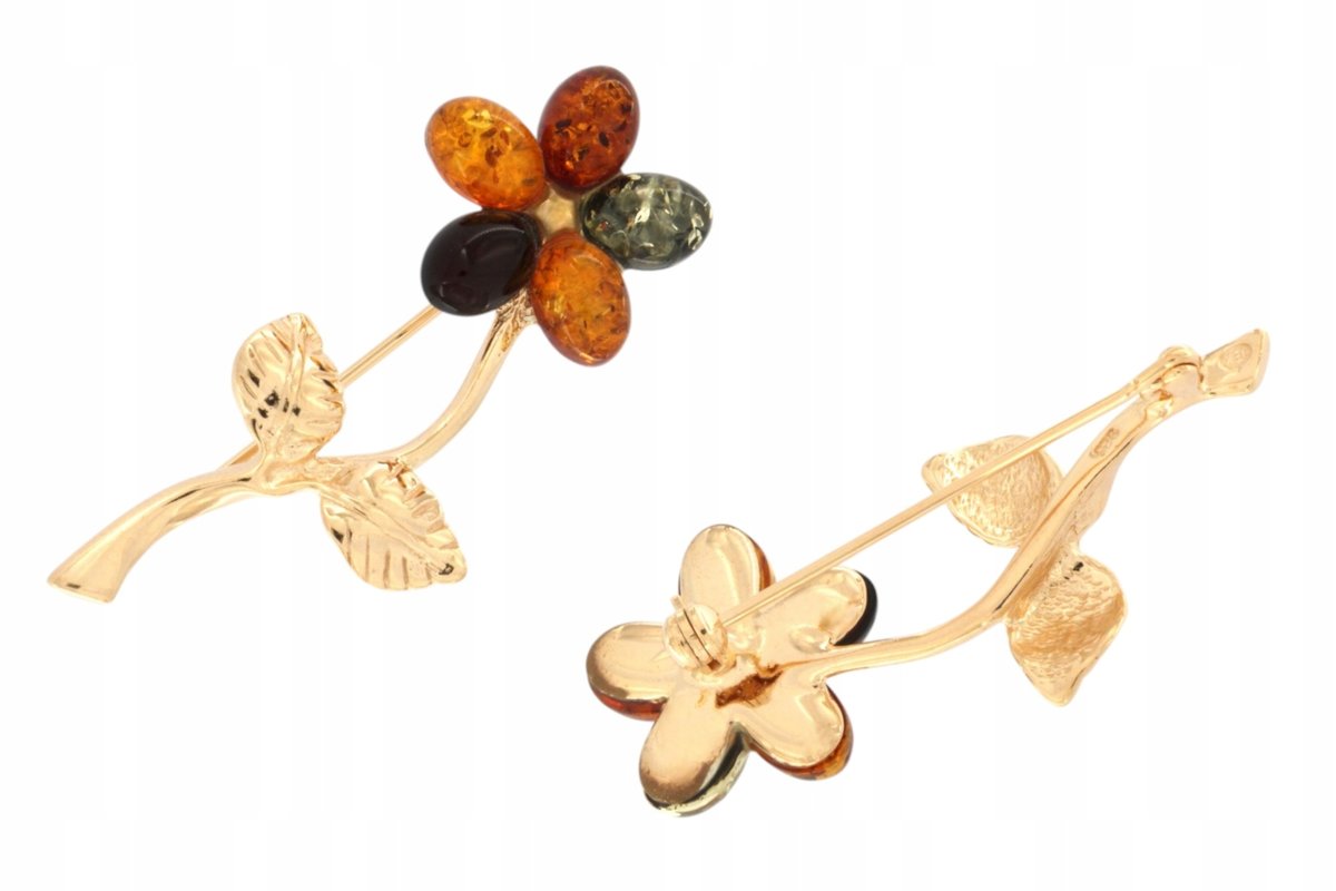 Duża broszka kwiat srebro pozłacane 24k bursztyn mix elegancka unikalna