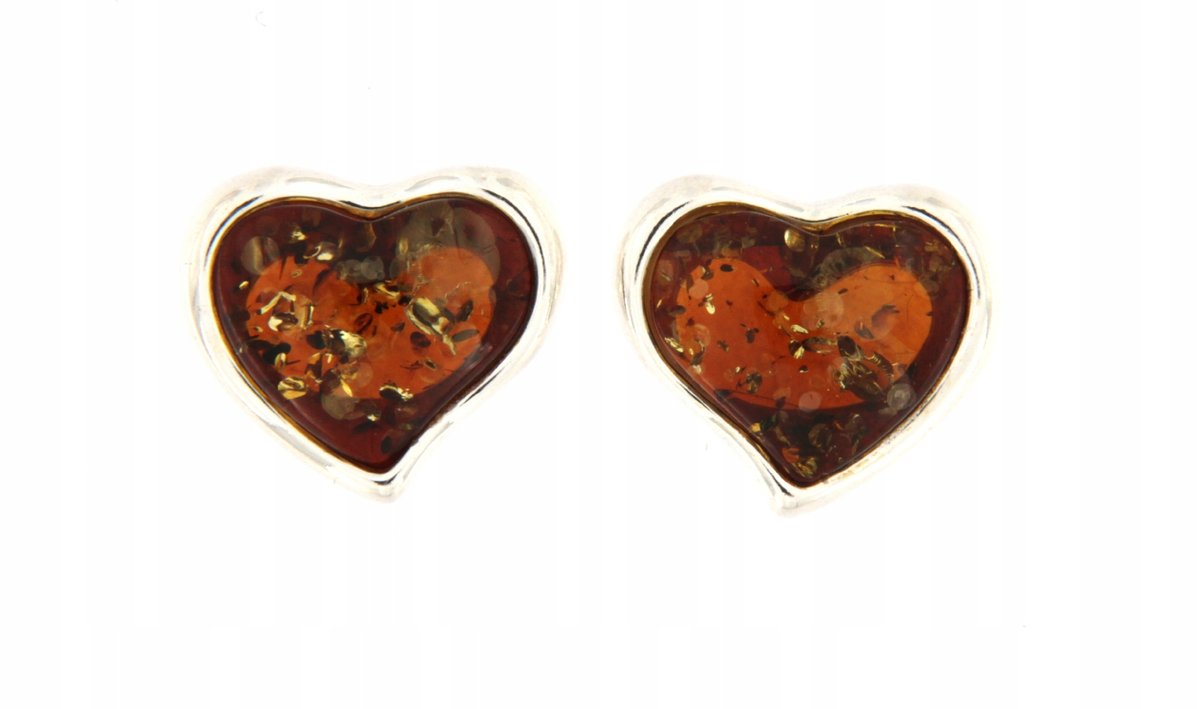 Kolczyki bursztynowe serduszka srebro 925 sztyfty serce koniakowe