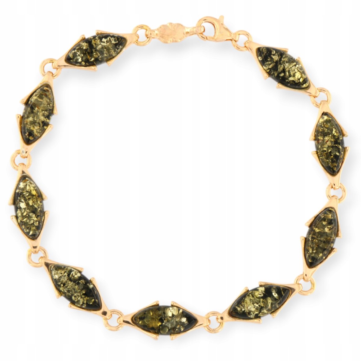 Bransoletka Srebro 925 - Bransoletka bursztynowa pozłacana zielona