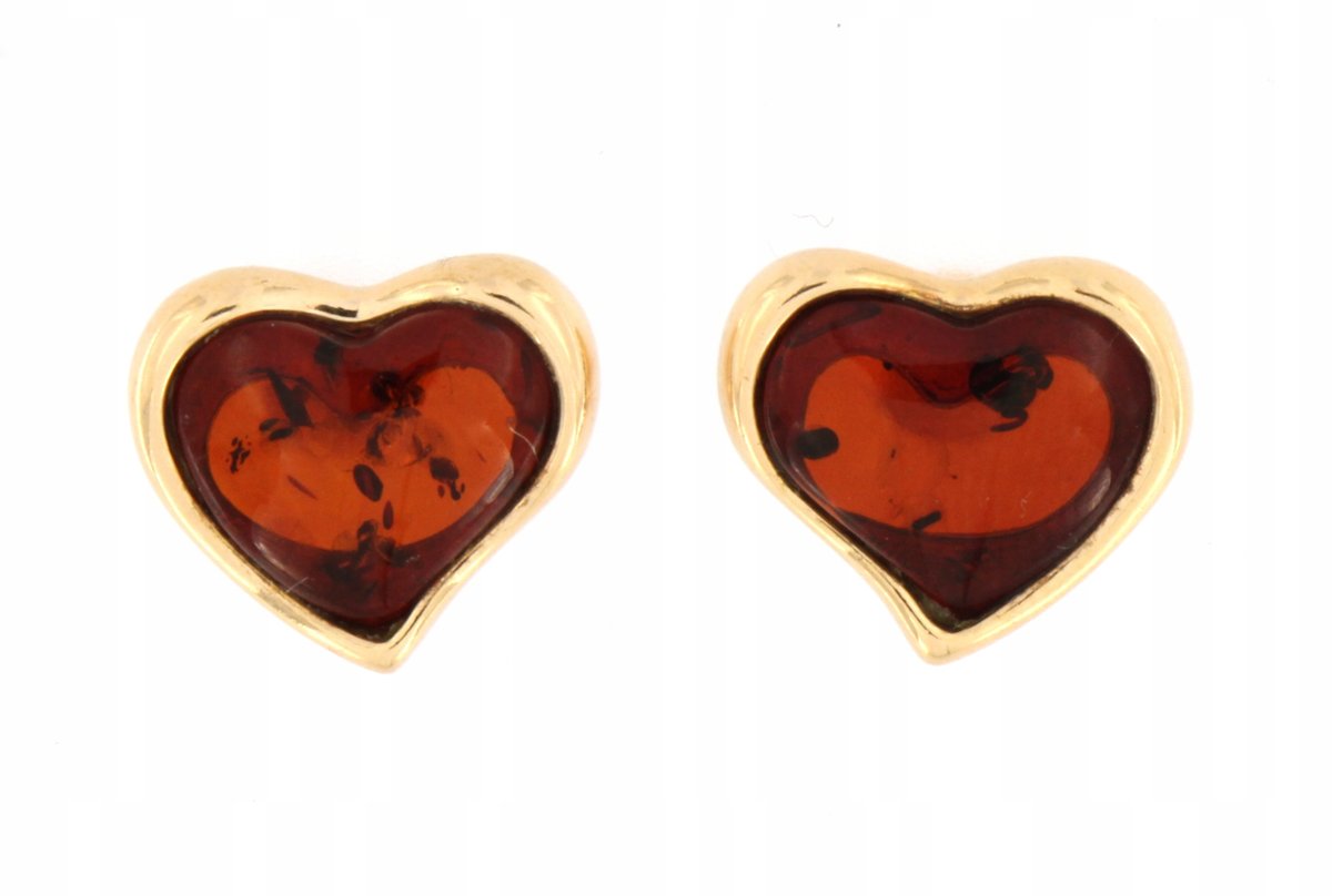 Kolczyki bursztynowe serduszka srebro 925 pozłacane sztyfty