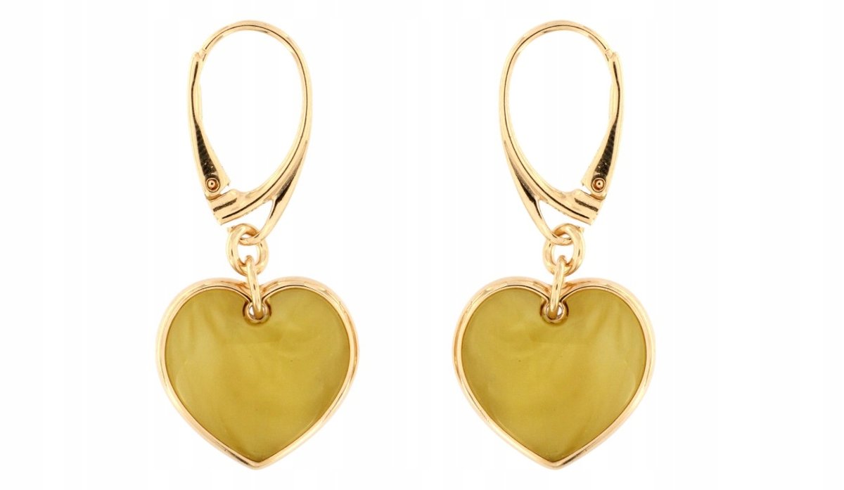 Kolczyki srebro pozłacane bursztynowe serca - angielskie zapięcie - mleczne