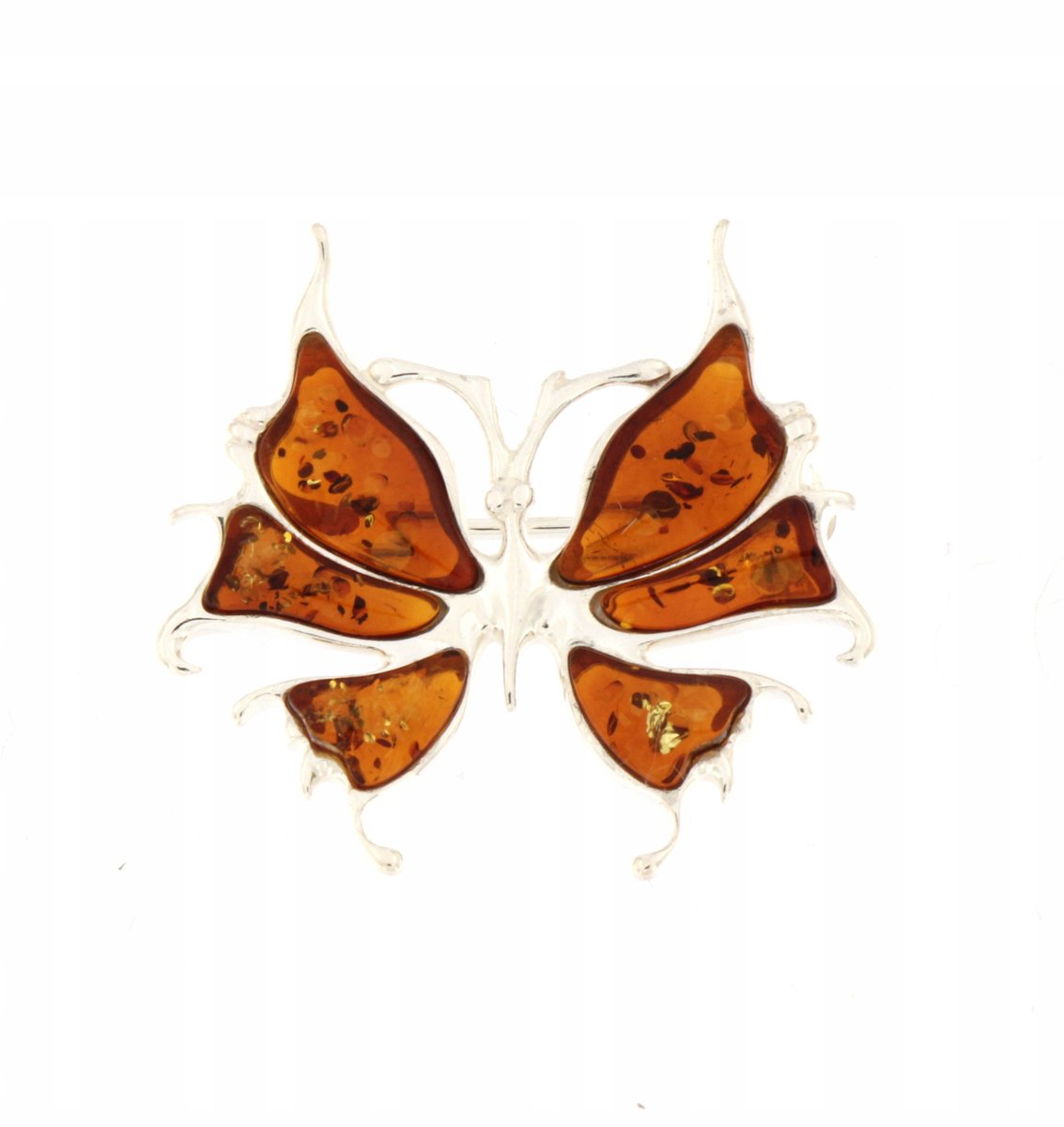 Srebrna broszka motyl z bursztynem koniakowym, próba 925 - elegancja