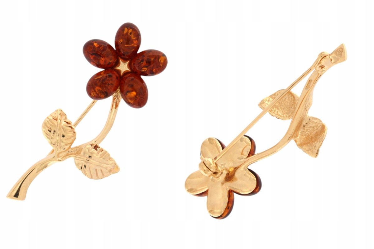 Duża srebrna broszka kwiat z bursztynem pozłacana 24K - elegancja i styl