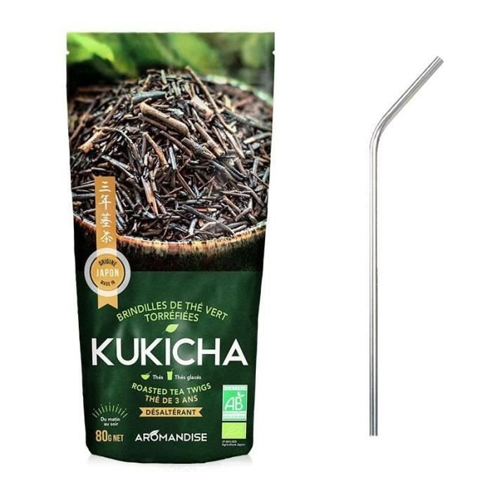 Kukicha Japońska ekologiczna herbata zielona 80 g + 4 słomki ze stali nierdzewnej