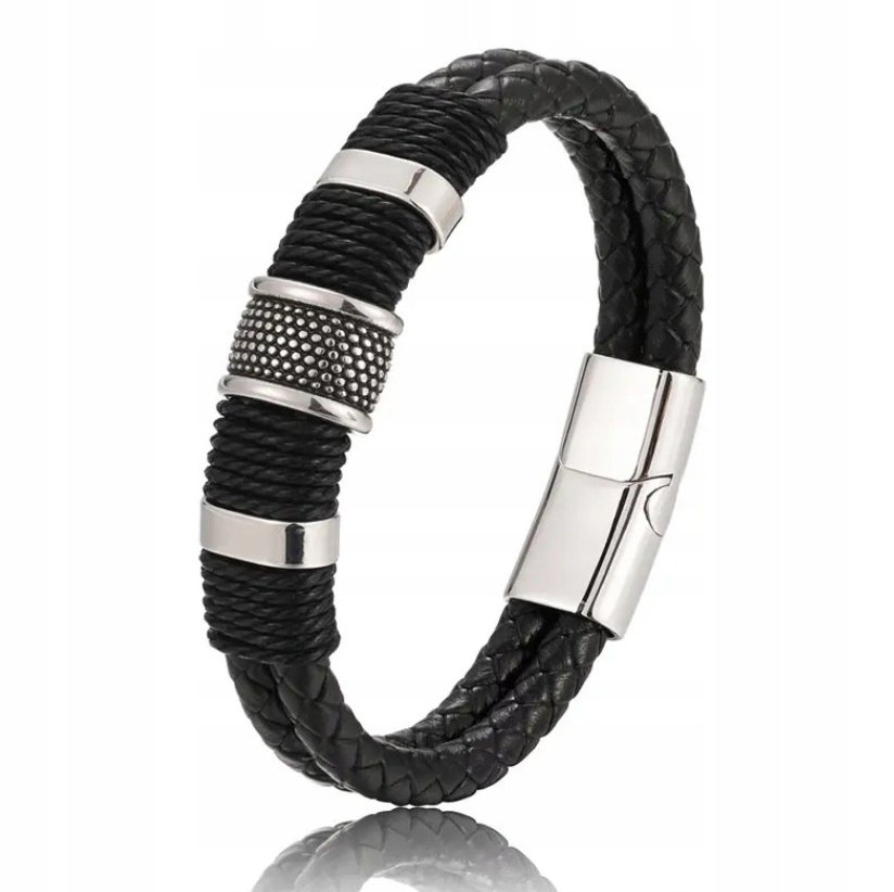 Męska Bransoletka Skórzana Tkana Sznurek Klamra ze Stali Wiking PUNK Gothic