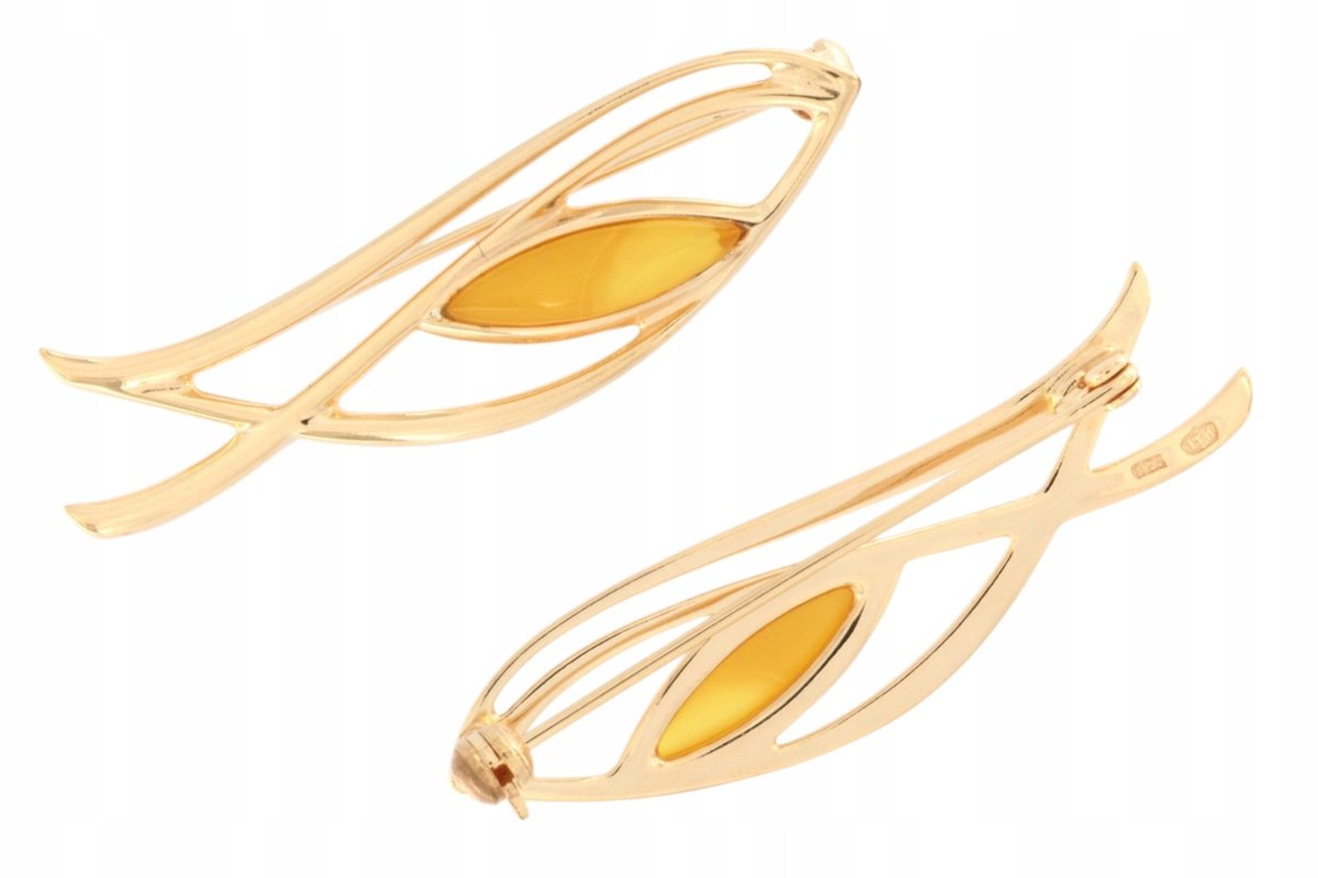 Nowoczesna srebrna broszka z żółto-miodowym bursztynem pozłacana 24K