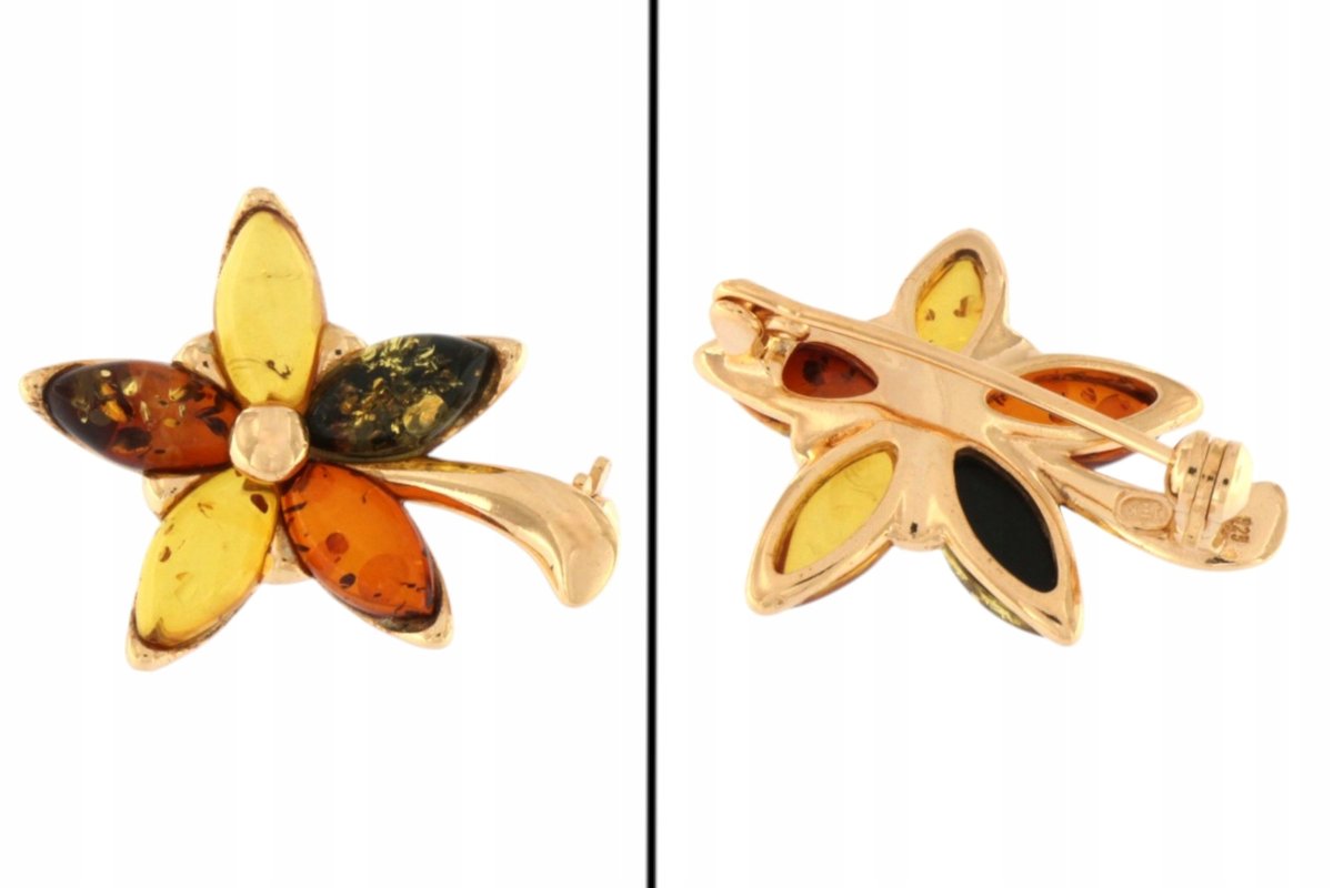 Broszka Kwiat Srebro 925 Pozłacane z Bursztynem Bałtyckim - Mix