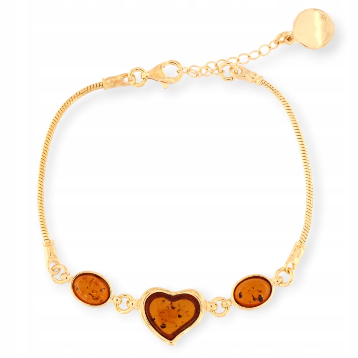 Bransoletka Serce Srebro 925 - Bransoletka bursztynowa pozłacana koniak
