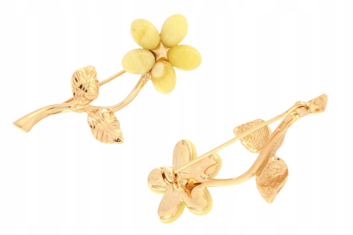 Duża broszka kwiat srebro pozłacane z bursztynem żółtym elegancka biżuteria