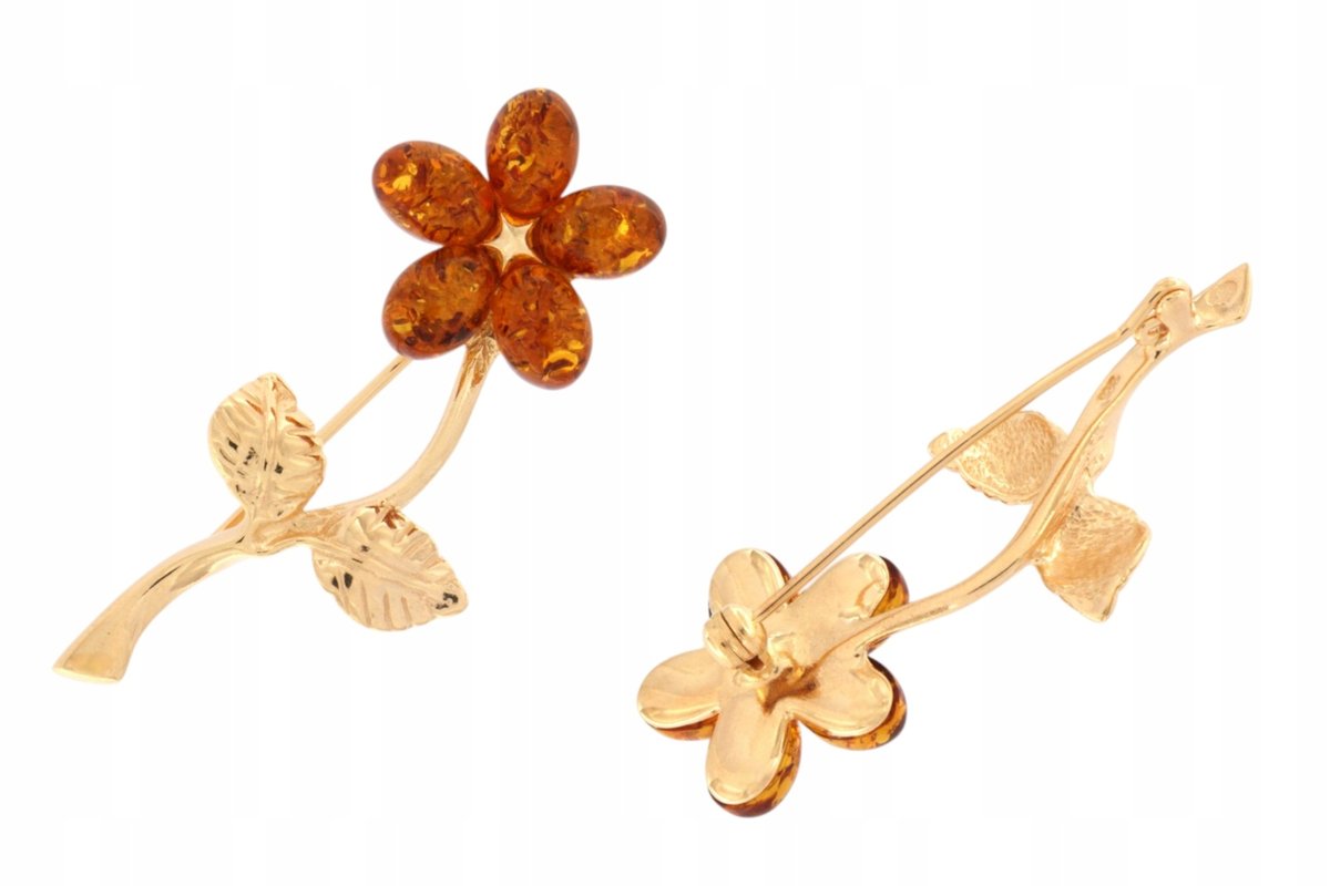 Duża srebrna broszka kwiat, bursztyn miodowy, pozłacana 24K - elegancja