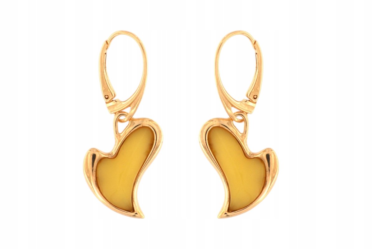 Kolczyki srebrne wiszące z bursztynem mlecznym - serca, angielskie