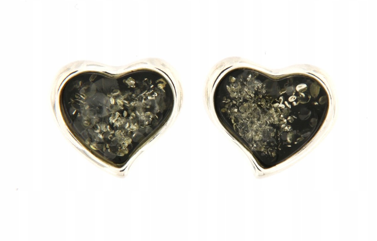 Kolczyki bursztynowe serduszka srebro 925 sztyfty serce zielone