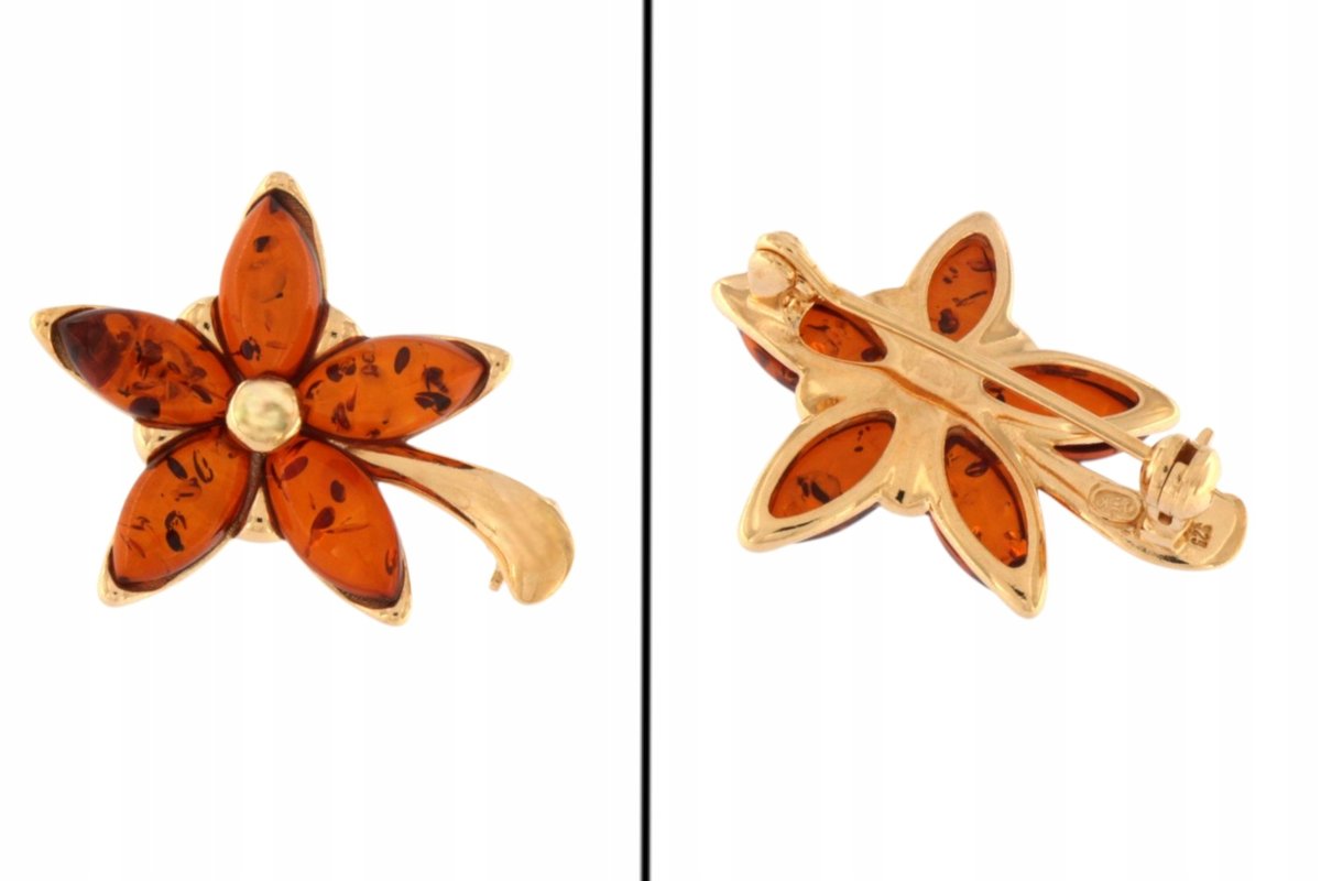 Broszka Kwiat Srebro 925 Pozłacane z Bursztynem Bałtyckim - Koniakowym