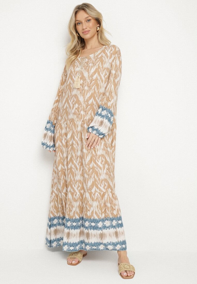 Beżowa Sukienka Rozkloszowana z Ozdobnym Wiązaniem w Boho Wzór Erainea