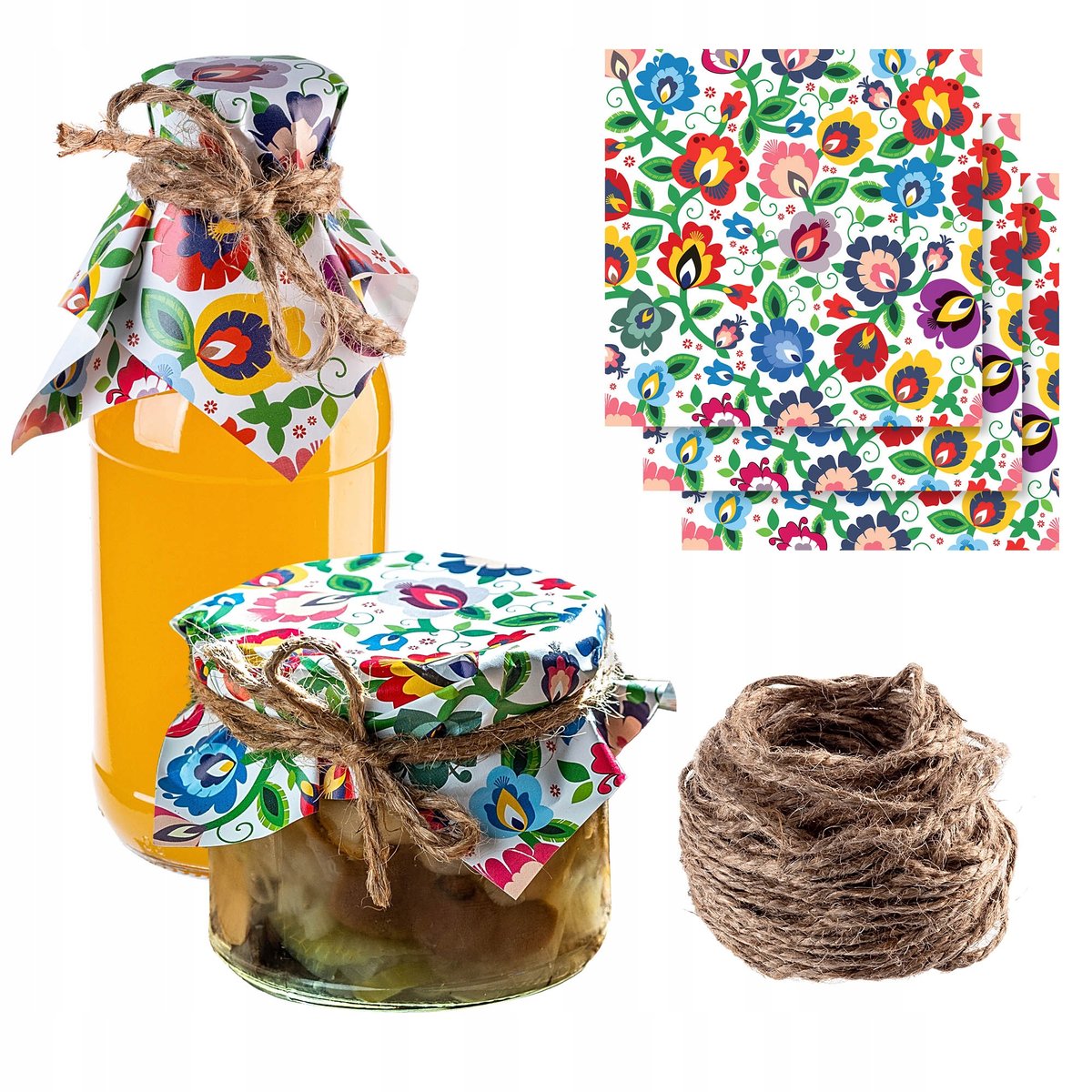 KAPTURKI NAKŁADKI NA SŁOIKI PRZETWORY BUTELKI SERWETKI + SZNUREK JUTOWY x10