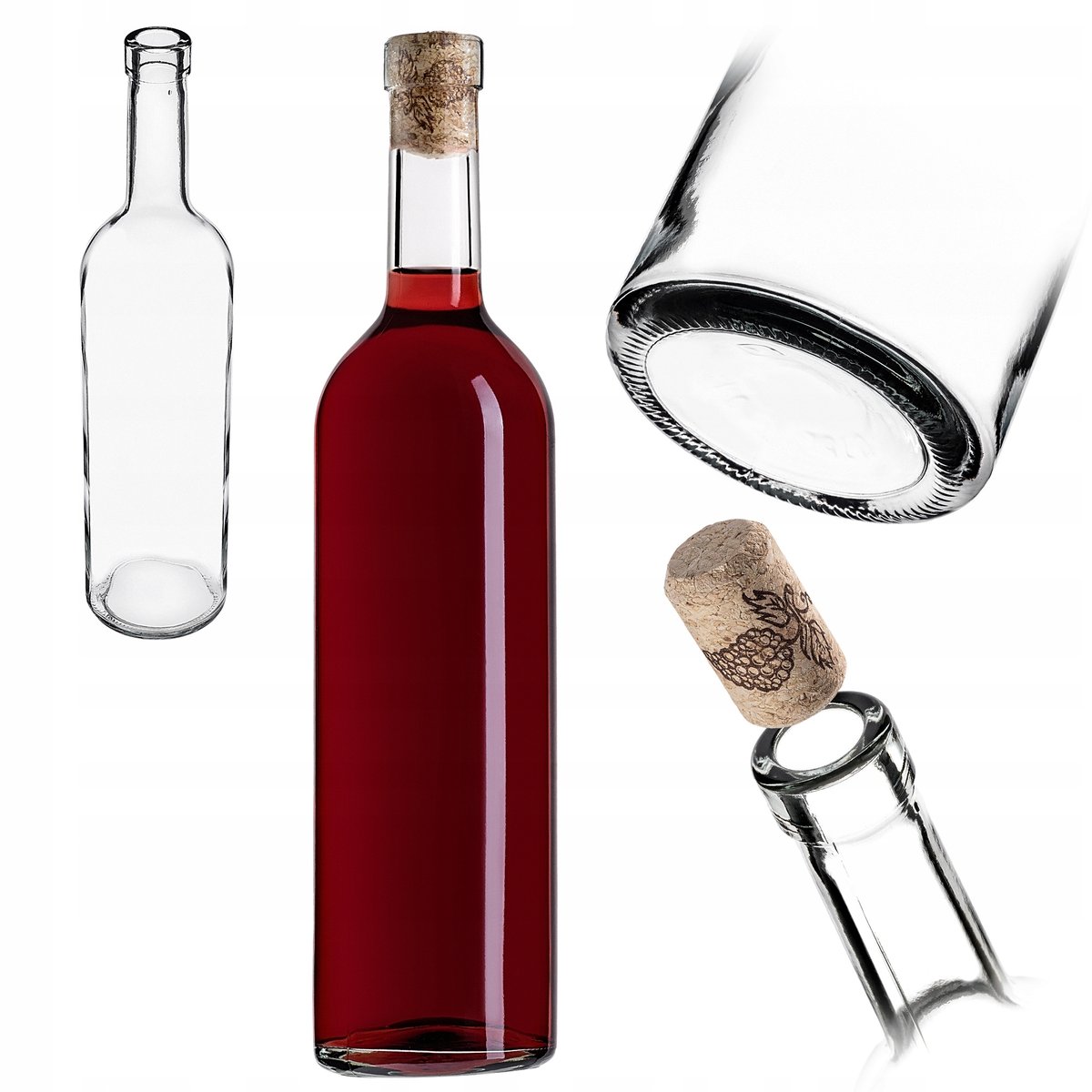 BUTELKA NA WINO 750 ml 0,75L SZKLANA DO WINA NALEWEK BEZBARWNA Z KORKIEM