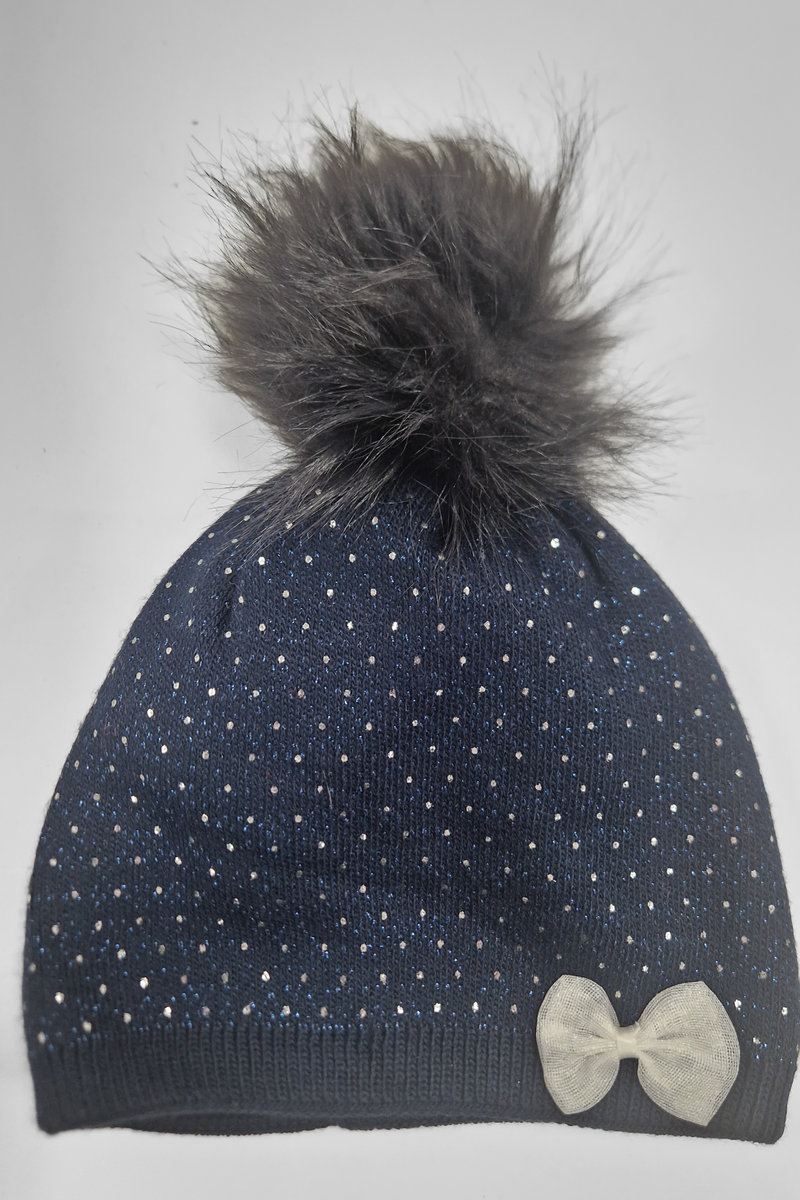 Dziewczęca Czapka z Cekinami i Pomponem Czarnym Granatowa