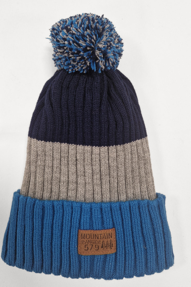 Czapka Chłopięca Zimowa z Pomponem Niebiesko-Szaro-Granatowa