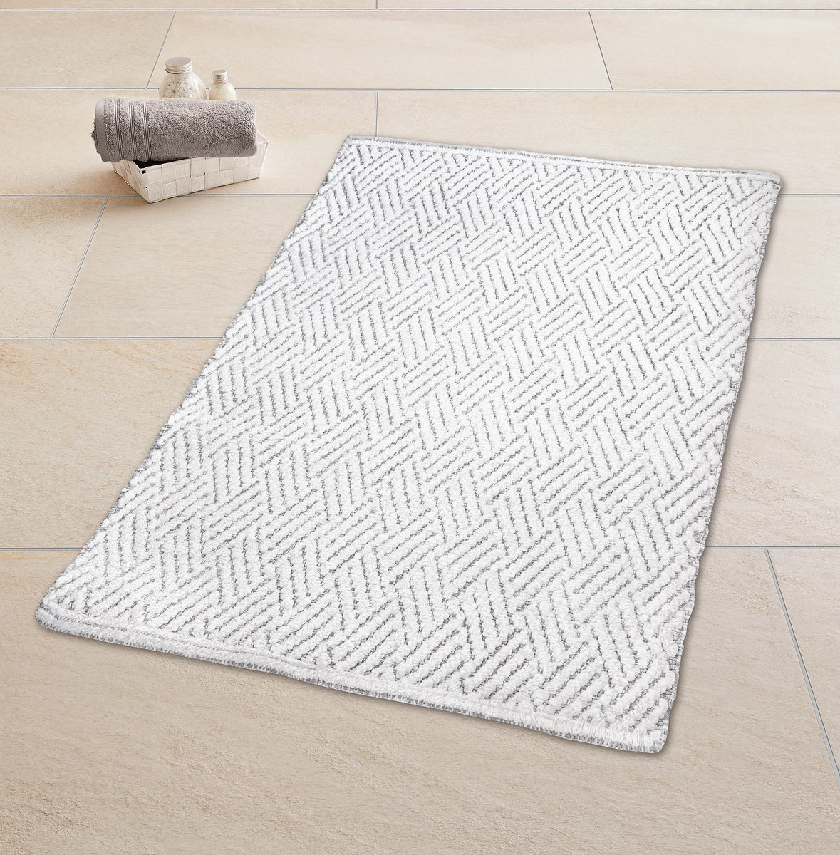 Kleine Wolke Switch Dwustronny dywanik łazienkowy ręcznie tkany 60x90 cm Macadamia beż i biały