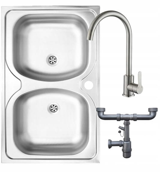Zlewozmywak dwukomorowy stalowy 80x50 + otwór na baterię + syfon + bateria