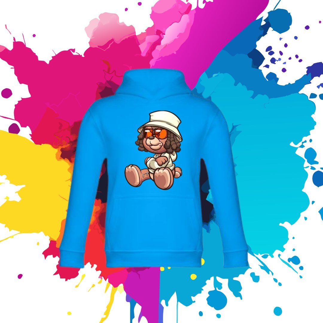 Bluza dziecięca typu kangurka z kapturem w kolorze błękitnym z nadrukiem miś Edzio 8 lat