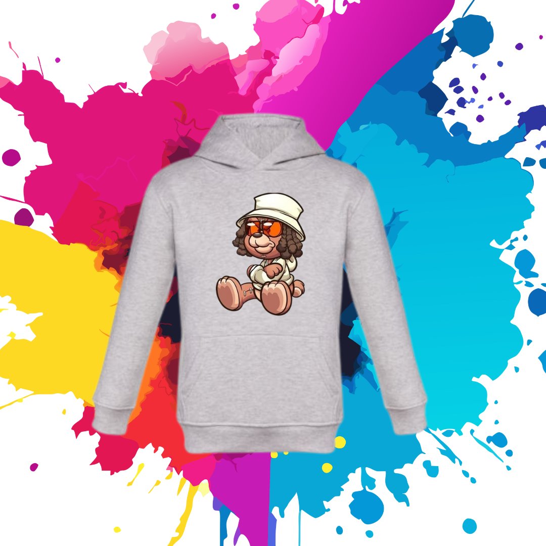 Bluza dziecięca typu kangurka z kapturem w kolorze jasnoszarym z nadrukiem miś Edzio 4 lata