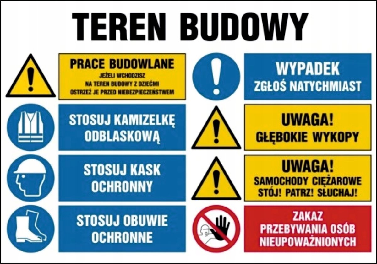 Tablica Teren budowy Prace budowlane Wypadek 35x50cm PCV 3mm