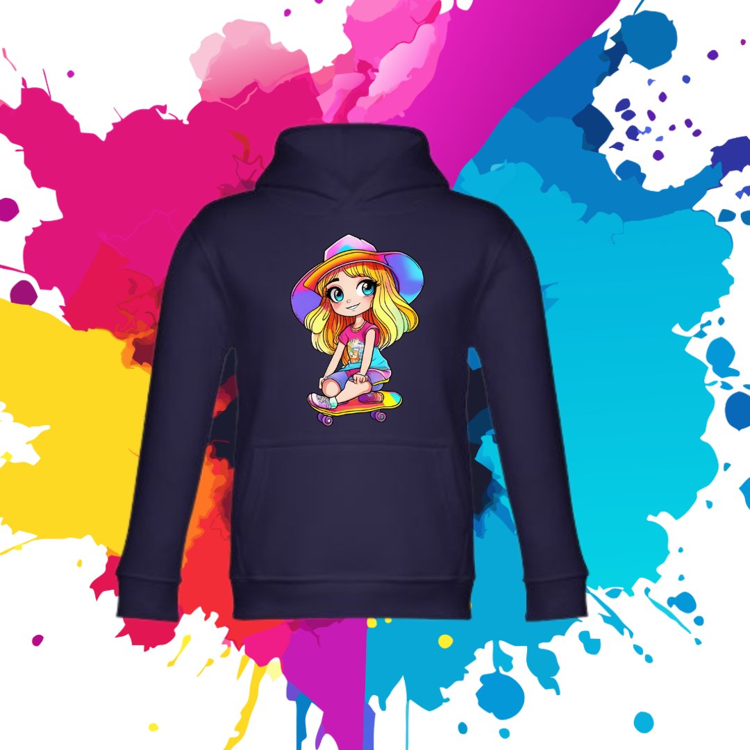 Bluza dziecięca typu kangurka z kapturem w kolorze granatowym z nadrukiem laleczka Lolly 10 lat