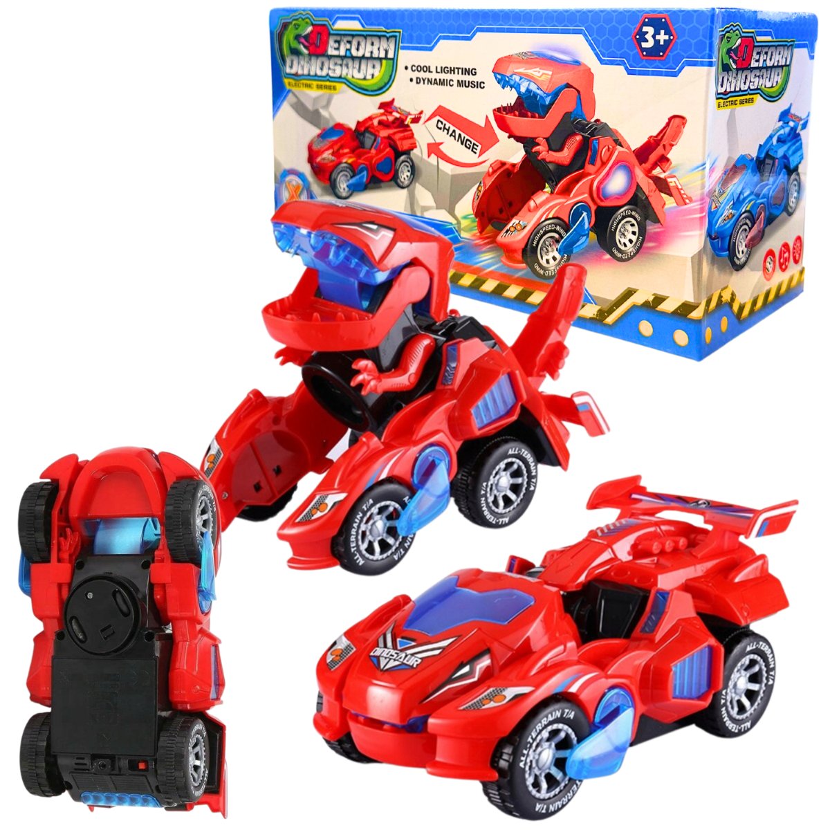 Auto Robot Dinozaur 2w1 – Transformujące Autko z LED i Dźwiękiem Czerwony