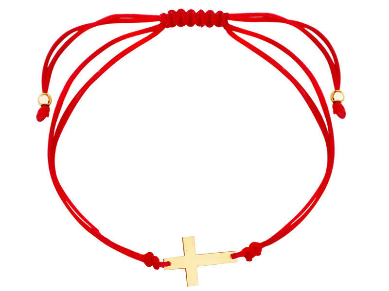 Bransoletka złota 585 na czerwonym sznurku ze złotym krzyżykiem