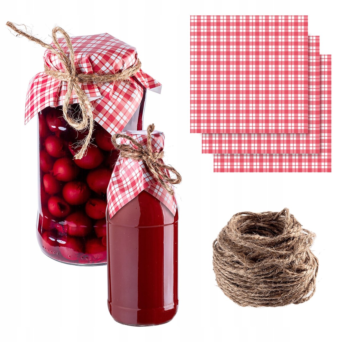 KAPTURKI NAKŁADKI NA SŁOIKI PRZETWORY BUTELKI SERWETKI + SZNUREK JUTOWY x50