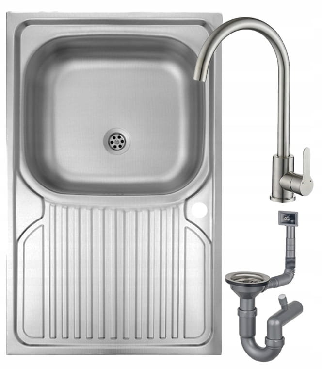 Zlewozmywak jednokomorowy stalowy 80x50+ otwór na baterię + bateria + syfon