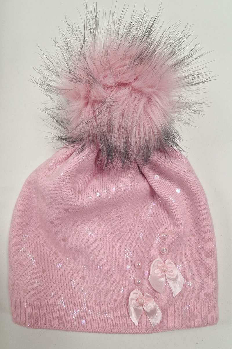 Jasnoróżowa Dziewczęca Czapka z Kokardkami i Pomponem