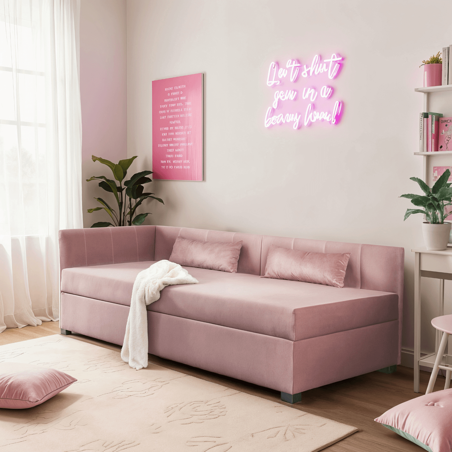 Łóżko Tapicerowane 90x200 cm Narożne Młodzieżowe Tapczan KARO 2 Różowe