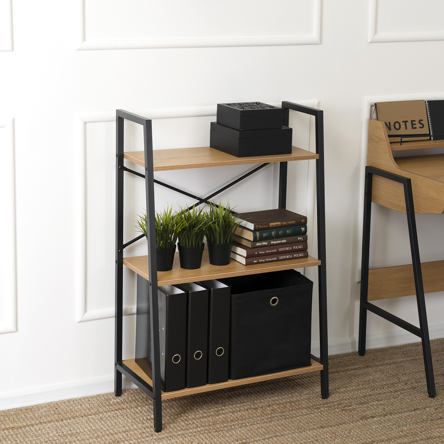 Regał Otwarty Niski VIOR do Salonu Dąb złoty/Czarny na Zabawki Metalowy Dębowy Loft