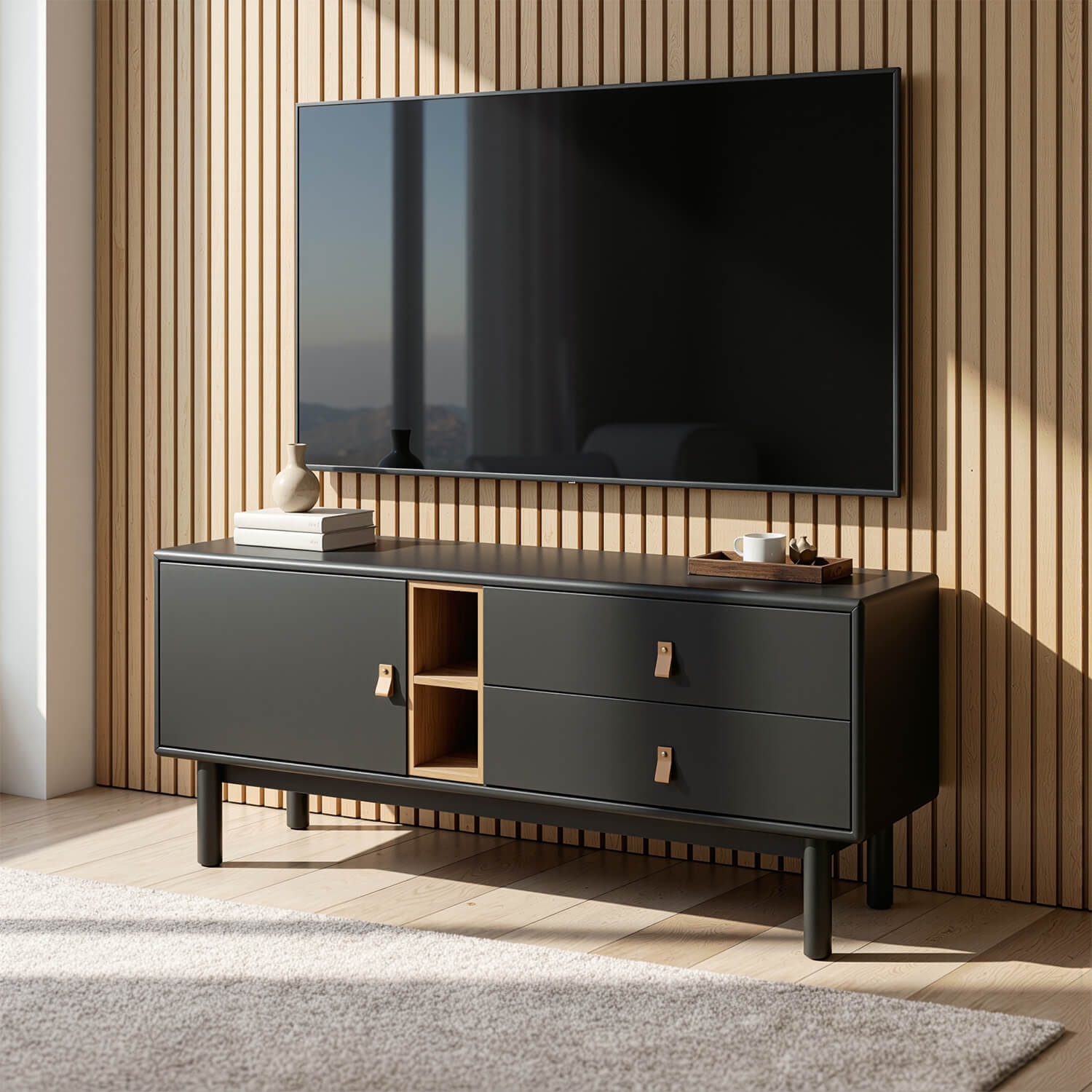 Szafka RTV do Salonu z Szufladami ARTI 140 cm Czarna Nowoczesna
