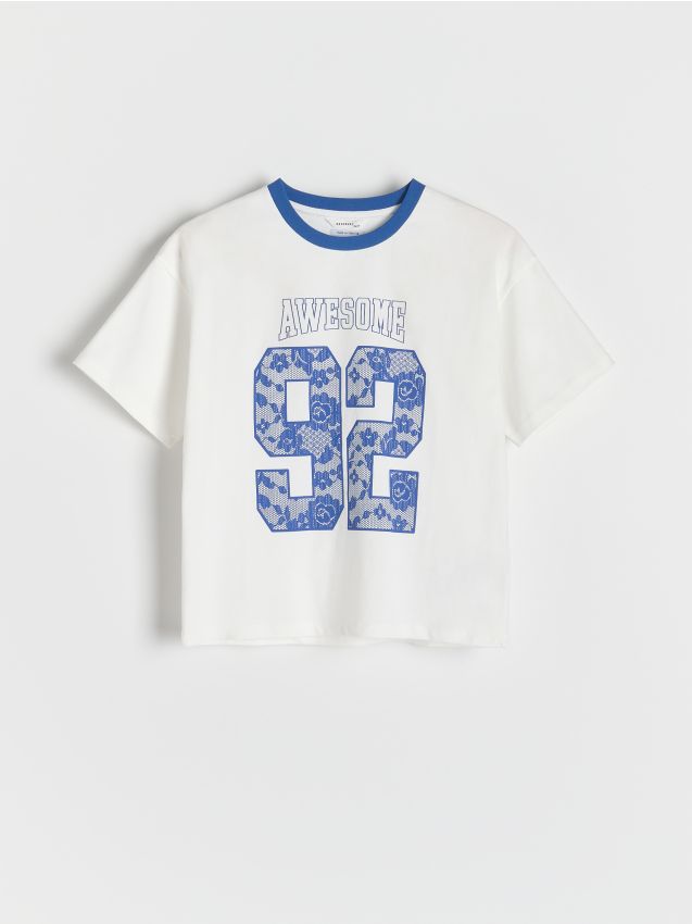 Reserved - Bawełniany t-shirt z nadrukiem - złamana biel