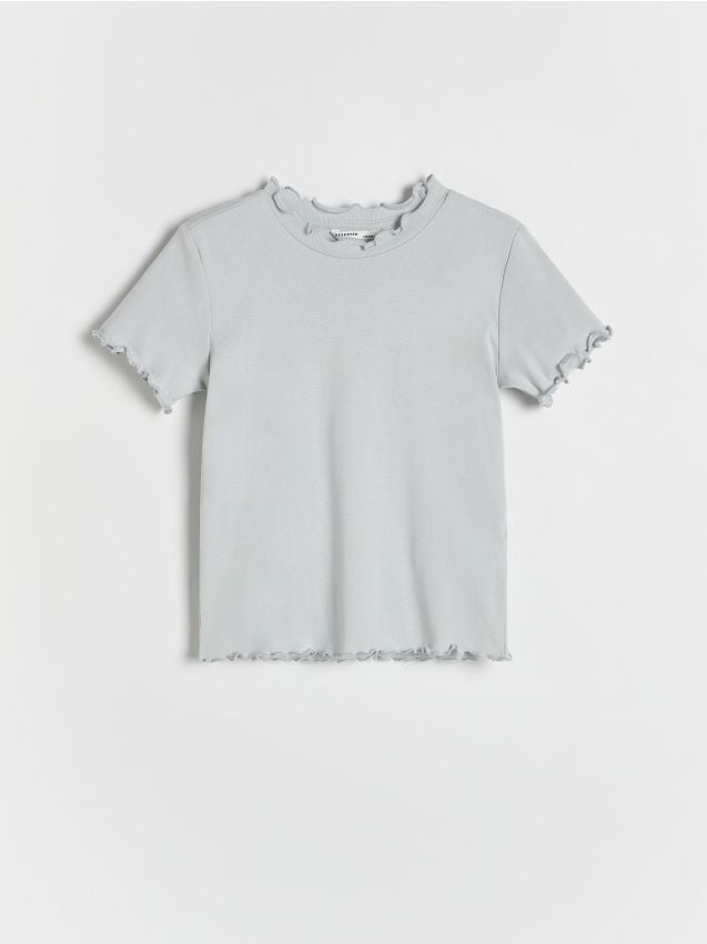 Reserved - T-shirt z ozdobnym wykończeniem - jasnoszary