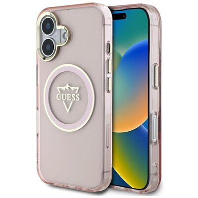 Etui GUESS IML Metal Mountain Logo MagSafe do Apple iPhone 16 Przezroczysto-różowy