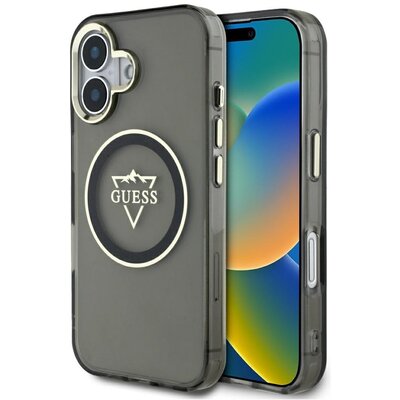 Etui GUESS IML Metal Mountain Logo MagSafe do Apple iPhone 16 Czarno-przezroczysty