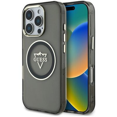 Etui GUESS IML Metal Mountain Logo MagSafe do Apple iPhone 16 Pro Czarno-przezroczysty