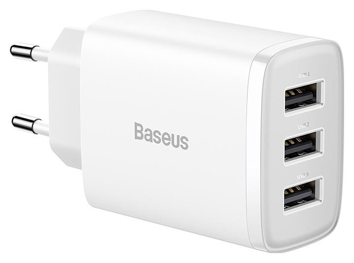 Baseus Compact Quick Charger, 3x USB, 17W biała